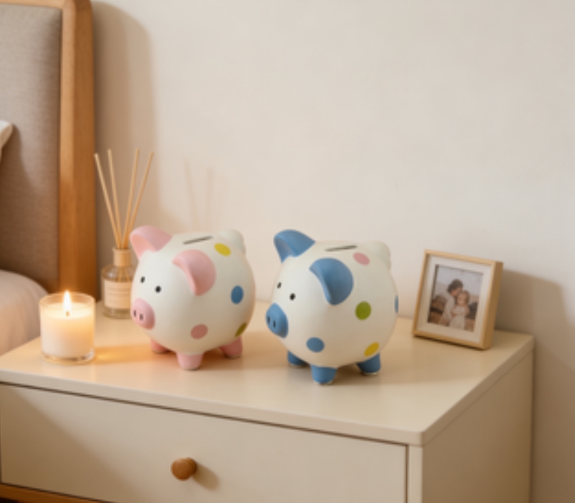 Glitter Polka Dot Ceramic Piggy Bank – Adorable Light Blue & Pink Coin Banks with Holographic Accents, Perfect for Kids’ Rooms & Modern Home Decor