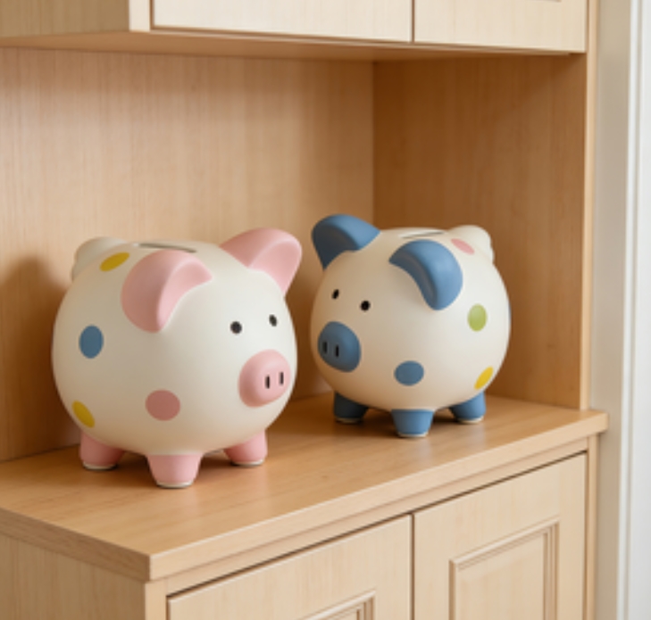 Glitter Polka Dot Ceramic Piggy Bank – Adorable Light Blue & Pink Coin Banks with Holographic Accents, Perfect for Kids’ Rooms & Modern Home Decor