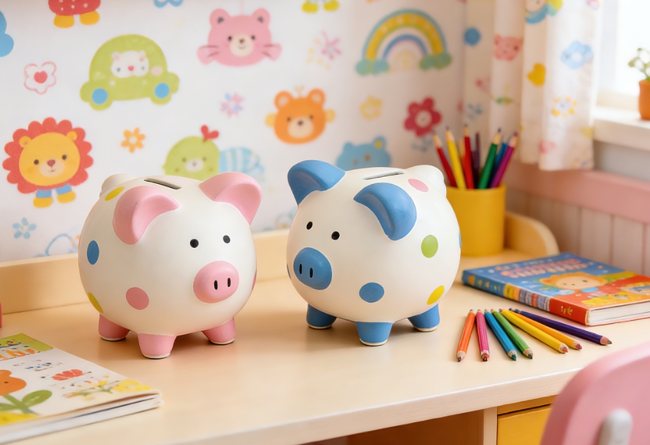 Glitter Polka Dot Ceramic Piggy Bank – Adorable Light Blue & Pink Coin Banks with Holographic Accents, Perfect for Kids’ Rooms & Modern Home Decor